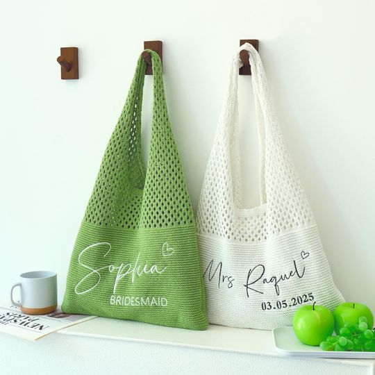 Discover Personalized Knitted Beach Bag with Embroidered Name, Bridesmaid Gifts, Crochet Tote Bag for Women Travel Vacation, Summer Bag, Bachelorette