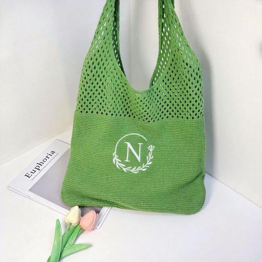 Embroidered Crochet Tote Bag, Custom Knit Beach Bag,Bridesmaid Gift For Her, Girls Trip,Bachelorette Party Gift