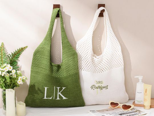 Personalized Embroidered Crochet Beach Bag,Custom Beach Tote Bag,Bachelorette party gift,Bridesmaid Gift,Girls Travel Gift,knitted Beach Bag