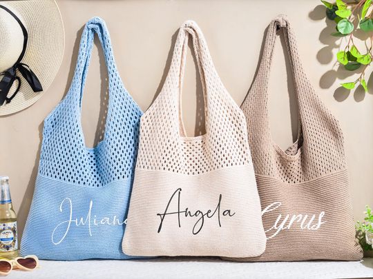 Discover Personalized Embroidered Crochet Tote Bag, Knitted Beach Bag with Name, Bachelorette Gift,Summer Shoulder Bag,Bridesmaid Gift,Gift for her