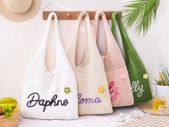 Discover Personalized Knitted Beach Bag With Embroidered Name, Custom Beach Tote Bags, Travel Tote Bag, Gift For Her, Bridesmaid Gifts