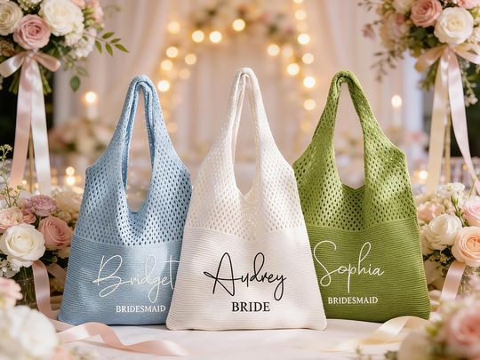 Embroidery Crochet Bag For Girls Trip,Personalized Beach Tote Bag, Custom Knitted Summer Bag,Bridesmaid Gift For Her,Bachelorette Party.