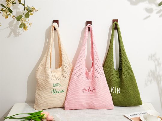 Personalized Embroidered Crochet Beach Tote Bag, Bridesmaid Gift