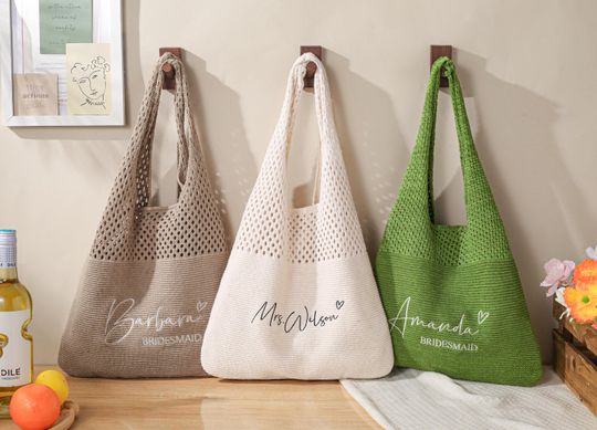 Custom Beach Tote Bag,Personalized Embroidered Crochet Beach Bag,Bridesmaid Gifts,Bachelorette Party Gift,Crochet Tote Bag,Girls Travel Gift