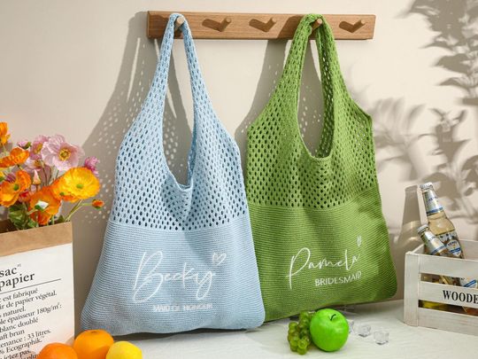 Personalized embroidered beach tote bag,Bachelorette party gift,Custom crochet bag,One shoulder embroidered knitted bag,Summer shoulder bag
