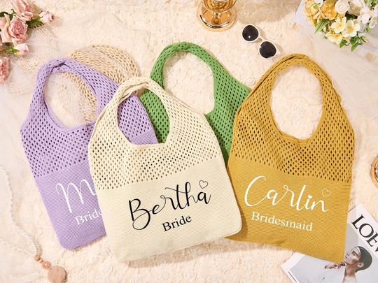 Personalized Crochet Bag Beach Tote Bag Knit Bag Summer Bag Bachelorette Party Favors Gift for Women Bridesmaid Gift Bachelorette Party