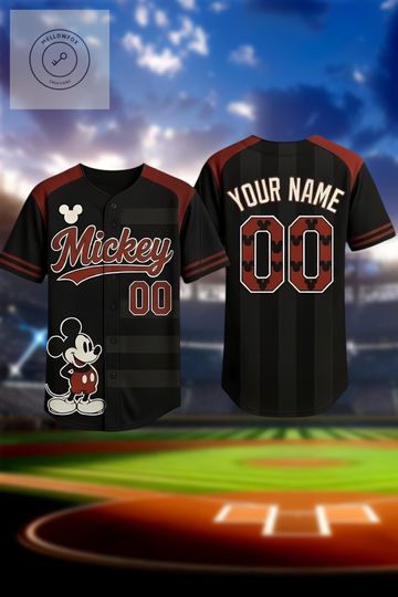Discover Mickey Mouse Varsity Baseball Jersey, Custom Name Disney Family Shirt, Black Red Park Outfit Matching Vacation Tee