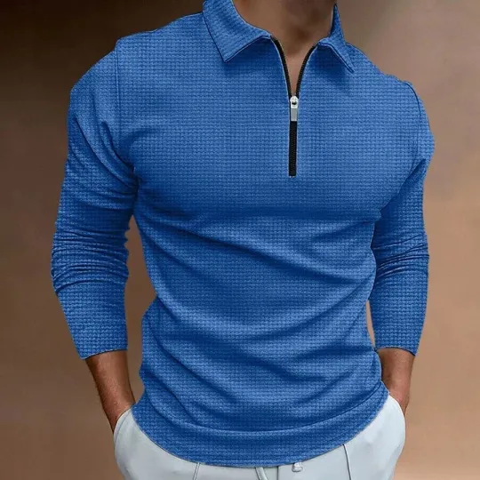 Men's Long Sleeve Blue Polo Shirt with Zip Collar