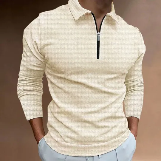 Mens Long Sleeve Waffle Polo Shirt with Zipper Collar, Solid Beige, Classic Fit