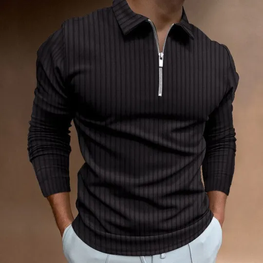 Men's Long Sleeve Zipper Polo Shirt with Stripe Pattern