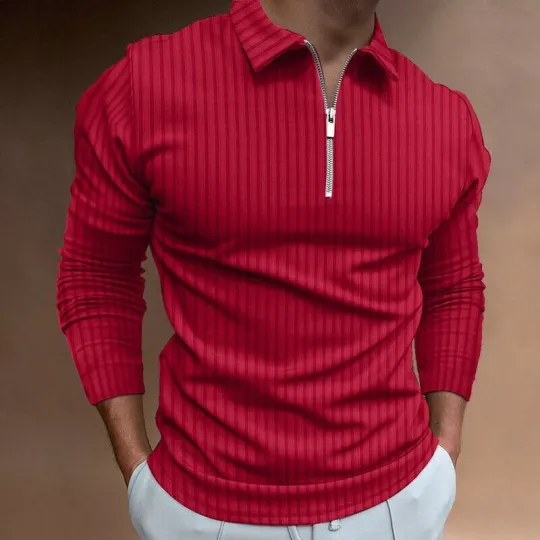 Men's Long Sleeve Striped Half-Zip Polo Shirt with Zipper Collar