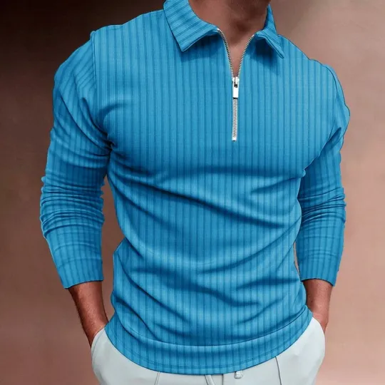 Men's Long Sleeve Stripe Waffle Polo Shirt with Zipper Collar