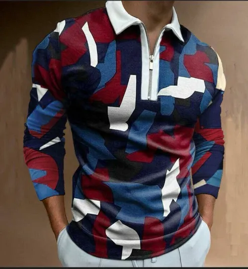 Men's Half-Zip Waffle Polo Shirt Long Sleeve Red White Blue Color Block