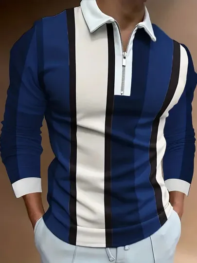 Men's Striped Half-Zip Polo Shirt Navy Blue White Contrast Golf Zipper