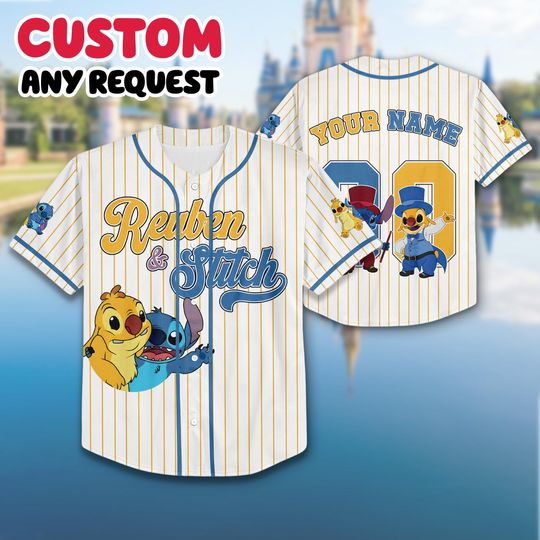 Discover Custom Reuben and Stitch Baseball Jersey, Personalized Experiment 625 Shirt, Stitch and Reuben Yellow Blue Jersey, Disney Fan Gift