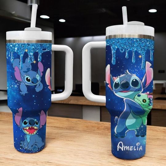 Discover Custom Stitch 40oz Tumbler for Amelia, Disney Stitch Birthday Gift for Girls, Blue Galaxy Sparkle Travel Cup, Cartoon 40oz Tumbler,Free Ship