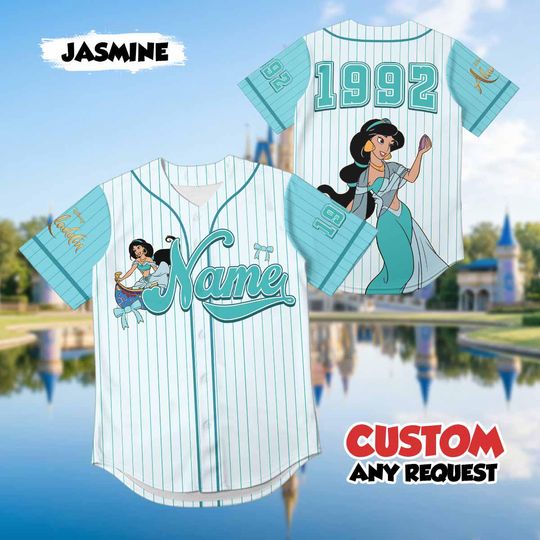 Discover Custom Jasmine Baseball Jersey, Personalized Aladdin Princess Shirt, Disney Princess Fan Gift, Custom Name Disney Trip Outfit