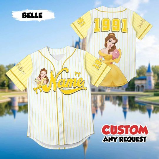 Custom Belle Princess Baseball Jersey, Personalized Beauty and the Beast Shirt, Disney Vacation Outfit for Women Girls, Princess Jersey
