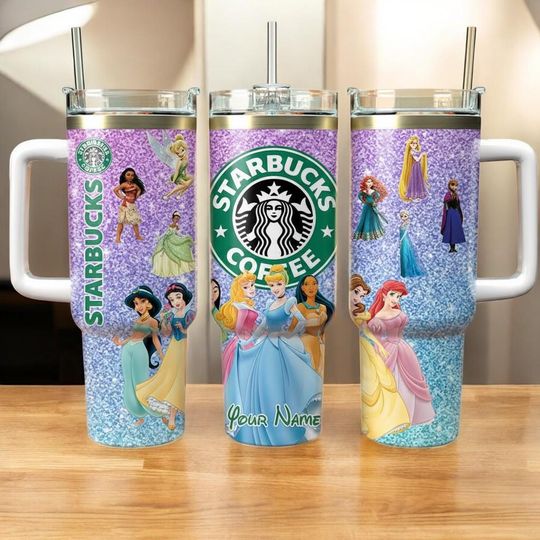 Custom Disney Princess Coffee 40oz Tumbler, Starbucks Inspired Princess Travel Mug, Purple Ombre Glitter Disney Cup, Free Shipping