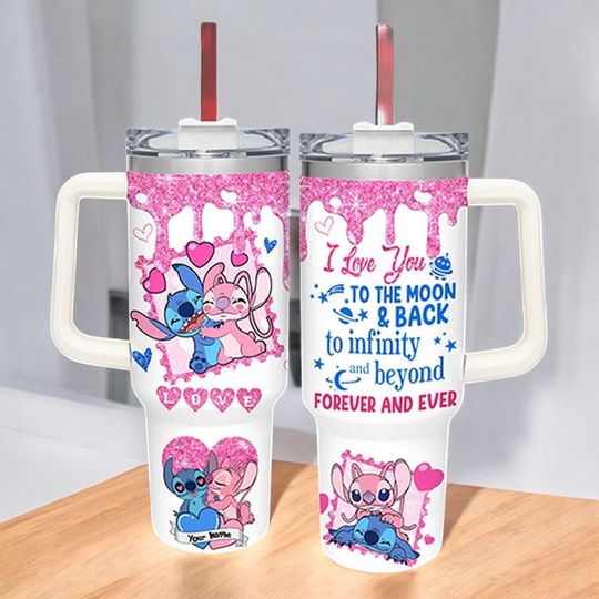 Discover Personalized Stitch 40oz Tumbler, Custom Name I Love You To The Moon and Back Cup, Disney Couple Valentine Gift, Free Shipping