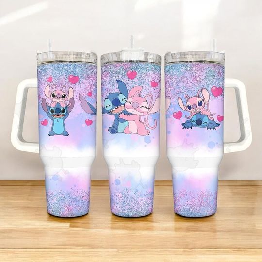 Discover Aesthetic Stitch and Angel 40oz Cup, Pink and Blue Ombre Glitter Tumbler, Disney Lilo and Stitch Travel Mug, Cute Hearts Stitch Quencher