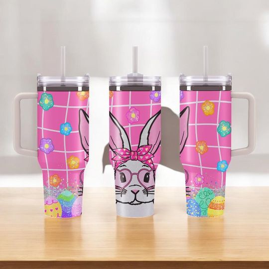 Discover Pink Preppy Bunny 40oz Tumbler with Handle, Cute Rabbit with Heart Glasses & Easter Eggs, Insulated Travel Mug, Gift for Teen Girls