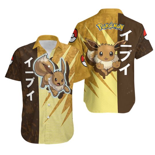 Eevee Pattern PKM Button Up Hawaiian Shirt, Cute Eevee Tropical Button Up Summer Beach Outfit Fun Eevee Shirt