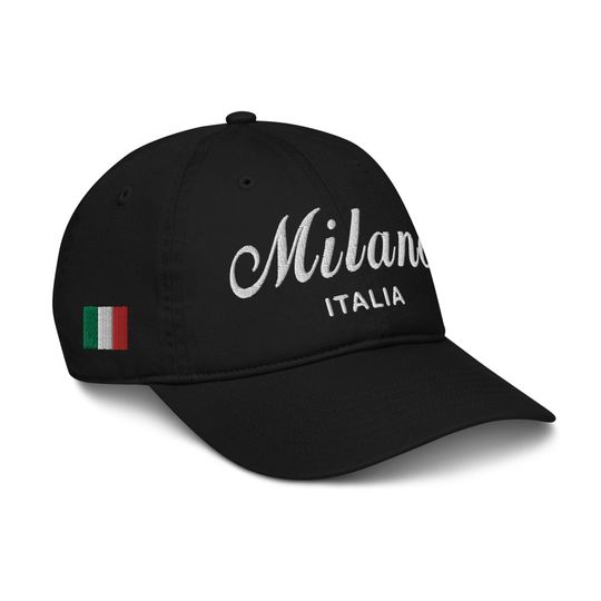 Discover Milano - Italia | 100% Organic Cotton | Baseball Cap Dad Hat | Adjustable | White Embroidered Text