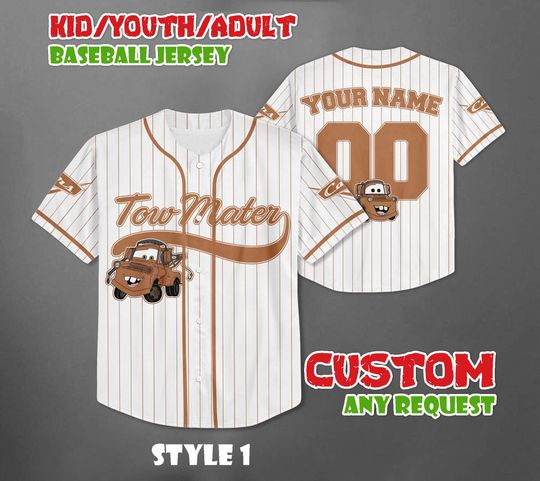 Personalized Tow Mater Cars Baseball Jersey, Disney Cars Team Outfit