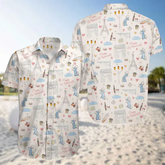 Disney Ratatouille Remy Chef Paris Vacation White Hawaiian Shirt