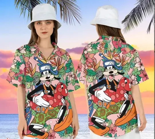Discover Disney Goofy Dive Movie Disney Hibiscus Tropical Beach Aloha Shirt