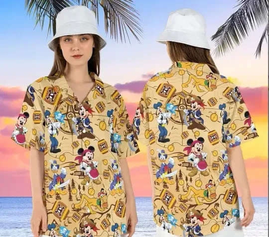 Discover Disney Caribbean Pirate Mickey  Summer Hibiscus Beach Tropical Beach Aloha Shirt