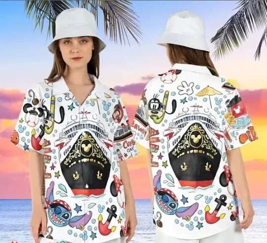 Discover Disney Cruise Vacation Dive Mickey Friends Tropical Beach Aloha Shirt