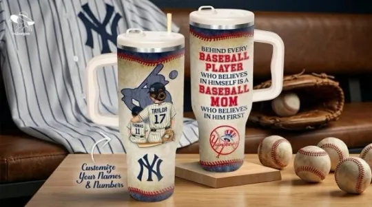 Discover Yankees Baseball Mom Tumbler with Custom Names and Numbers