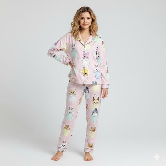 Discover Stray Kids Inspired Kpop Member Group Pajamas, Cute SKZOO Animal Print Sleepwear, SKZ Merch, Stray Kids Kpop Pajamas, Kpop Merch Pjs PSJ739