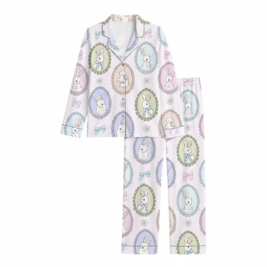Discover Easter Bunny Eggs Pajama Set, Pastel Rabbit & Eggs Sleepwear, Matching Family PJs, Christmas Gift for Her, Xmas Loungewear Gift