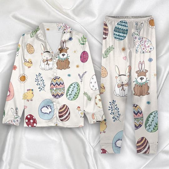 Discover Easter Bunny Pajama Set for Women, Cute Rabbit Egg Print PJs, Spring Holiday Sleepwear, Funny Easter Lounge Set, Easter Gift for Her