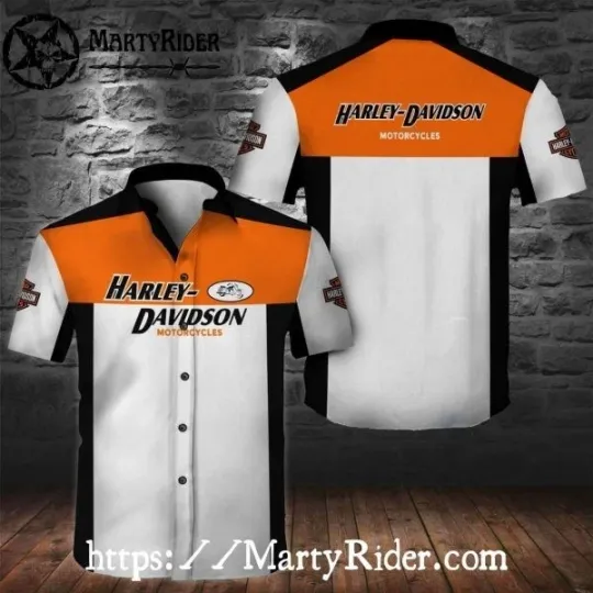 Discover Orange White Block Harley Motor Racing Davidsonn Hawaiian Shirt Clean