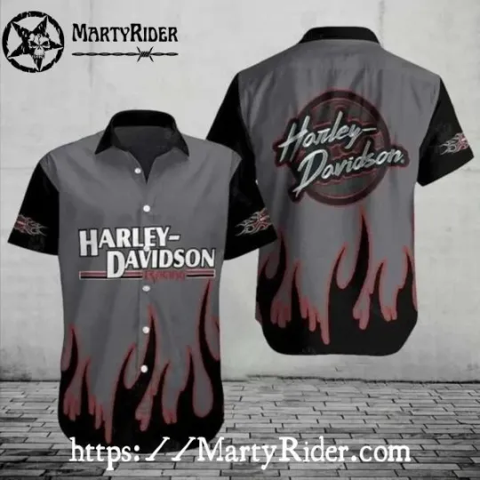 Discover Gray Flames Harley Motor Racing Davidsonn Racing Design Hawaiian Shirt