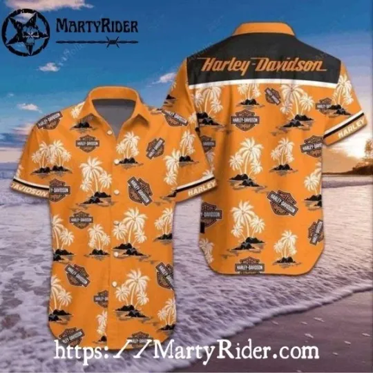 Discover Orange Tropical Island Harley Motor Racing Davidsonn Aloha Shirt