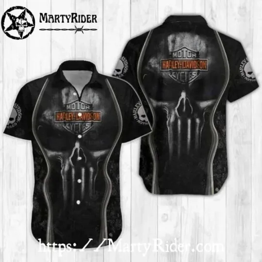 Discover Grunge Skeleton Harley Motor Racing Davidsonn Punisher Graphic Hawaiian Shirt