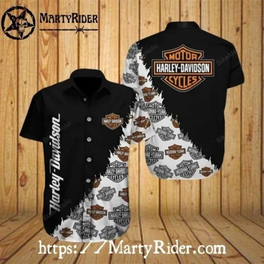 Discover Logo Patchwork Harley Motor Racing Davidsonn Aloha Shirt In Black And White