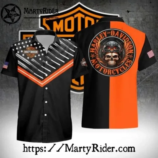 Discover Orange And Black Skull Rider Harley Motor Racing Davidsonn Aloha Shirt