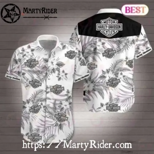 Discover Monochrome Floral Harley Motor Racing Davidsonn Aloha Shirt With Soft Gray Logo