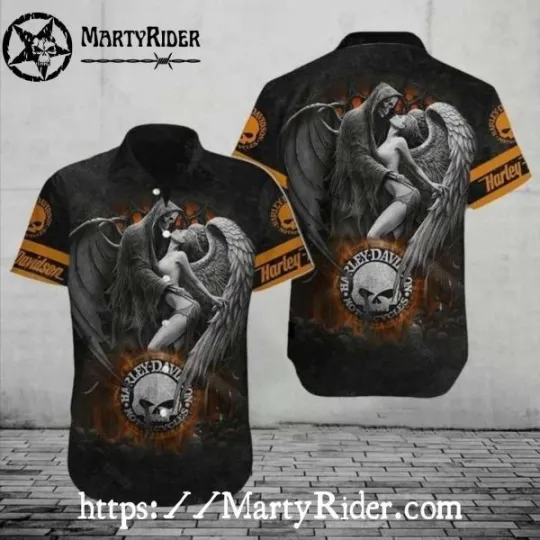 Discover Harley Motor Racing Davidsonn Hawaiian Shirt With Grim Reaper And Angel Art