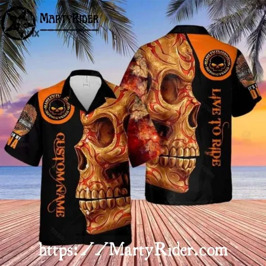 Discover Fiery Gold Skull Harley Motor Racing Davidsonn Aloha Shirt With Custom Name