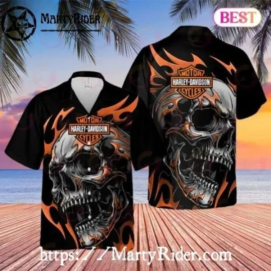 Discover Flaming Skull Harley Motor Racing Davidsonn Aloha Shirt With Tribal Vibe Design