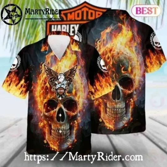 Discover Flaming Skull Harley Motor Racing Davidsonn Aloha Shirt With Eagle Crest
