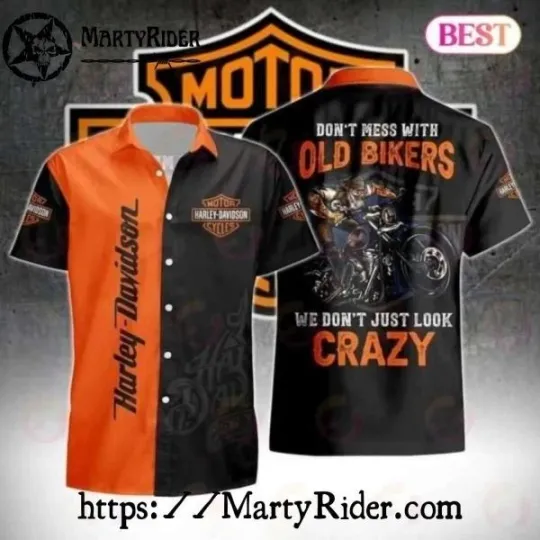 Discover Old Bikers Crazy Quote Harley Motor Racing Davidsonn Aloha Shirt In Black Orange