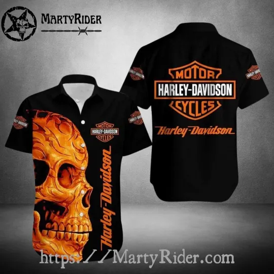 Discover Fiery Skull Graphic Harley Motor Racing Davidsonn Hawaiian Shirt Black